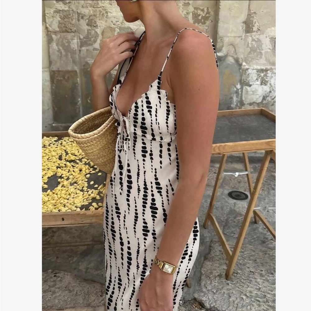 NEW CCB Black & White Dot Strappy Stretchy Maxi Lowcut Tie-Front Cutout Dress XS